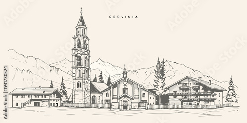 Sketch of a church and alpine buildings in Cervinia Italy