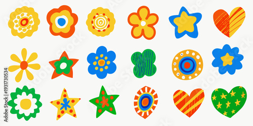 Colorful collection of playful flower and star shaped icons on white
