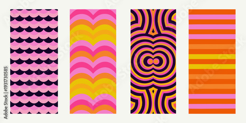 Four vibrant vertically oriented patterned rectangles in bold colors