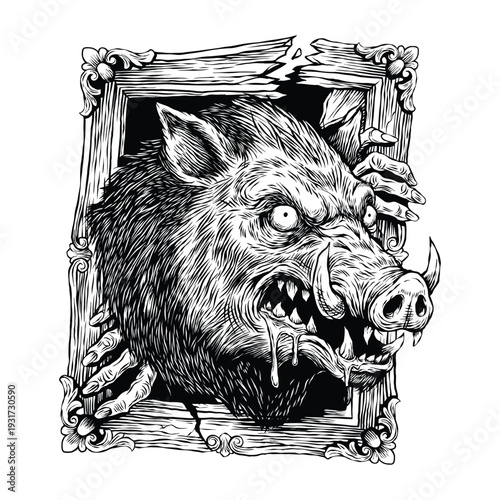 Rabid Boar Breaking Through Vintage Frame Horror Illustration
Wild Boar Head Burst Out Of Frame Dark Engraving Style
Ferocious Boar Skull Style Gothic Horror Animal Illustration