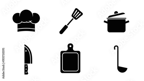 Set of Kitchen Utensils Icons: Chef Hat, Spatula, Pot, Knife, Cutting Board, Ladle