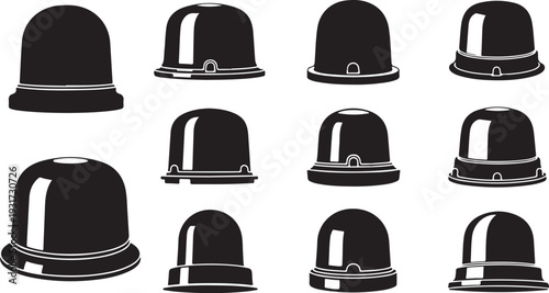 Collection of black bowler hats in various styles and angles