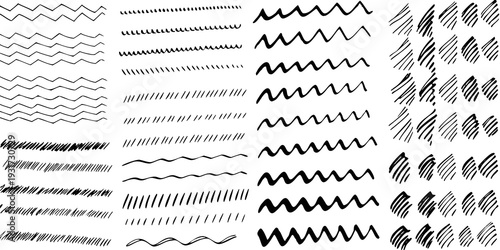 Collection of diverse black lines and wave patterns on white background