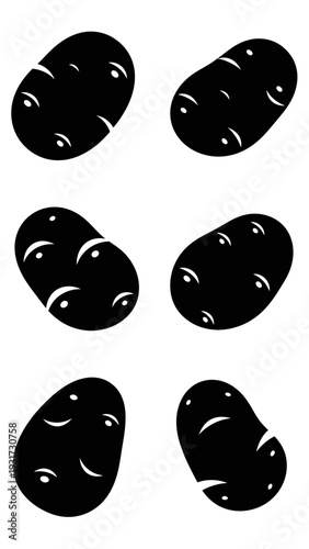 Set of Six Black Potato Icons on White Background