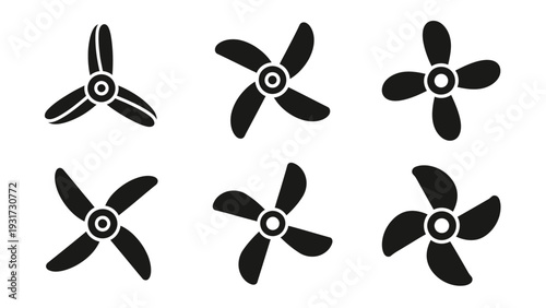 Set of Six Black Propeller Icons on White Background