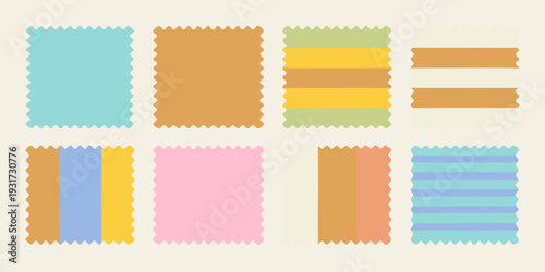 Colorful rectangular labels with wavy edges arranged in a grid pattern