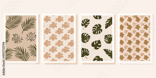 Four botanical prints arranged vertically featuring various leaf patterns