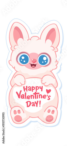 Cute cartoon animal holding a pink sign for Valentine's Day celebration. Cute big-eyed animal delivering Happy Valentine's Day message