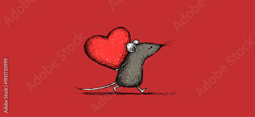 Cartoon gray rat running with a large red heart on a solid red background. Cute gray rat carrying red heart running