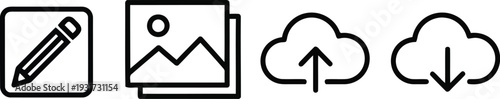 Minimalist Line Art Icons for Editing, Image Upload, Cloud Storage and Download Applications