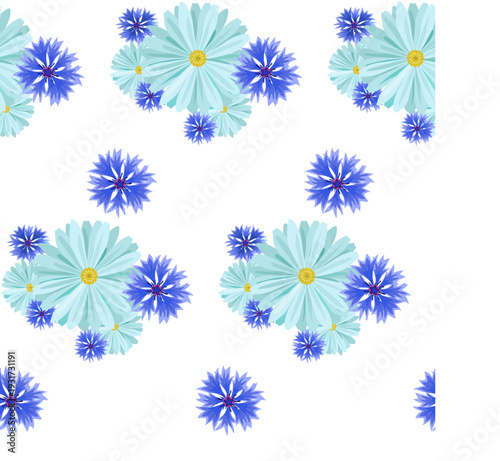seamless background with light blue daisies and blue, lilac cornflowers and green leaves on a white background.