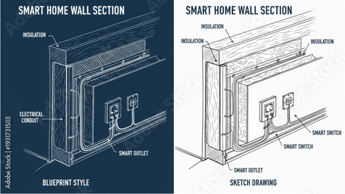 Smart Home Wall Side Section Cutaway with Wiring and Insulation, Classic Clean Blueprint Style, Isolated on White Background