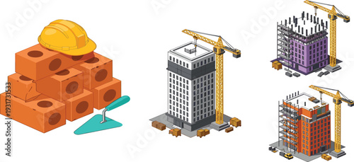Isometric Building Construction Process with Crane and High Rise Development, Bricks and Safety Helmet Vector Illustration Set