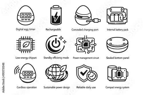 Efficiency cordless timer digital icons vector icon chipset internal power sustainable egg