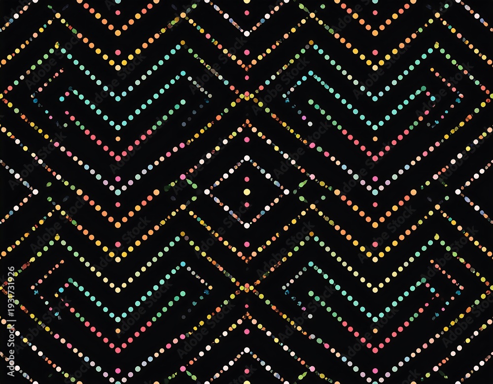 Obraz premium Symmetrical repeating zigzag pattern of colorful dots against a black background