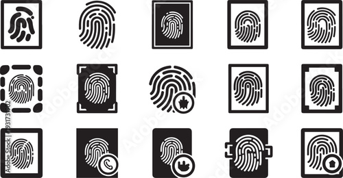 Black and white fingerprint in various shapes and styles security identification authentication