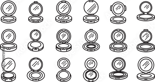 Black and white line of multiple open compacts with mirrors makeup