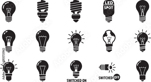 Black and white light bulb with different styles and labels lightbulb lamp illumination electricity