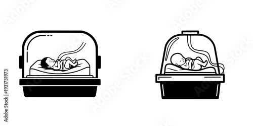 A high-tech neonatal incubator (isolette) with a baby visible inside.