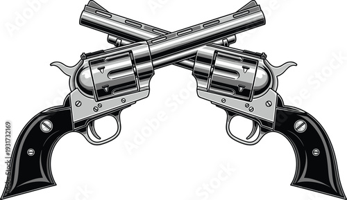 Crossed revolvers metallic finish black handles stylized firearm illustration western guns conflict defense weapon vector art for stock content SEO