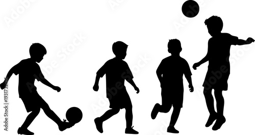 Children playing soccer, silhouette vector illustration, flat design, active lifestyle