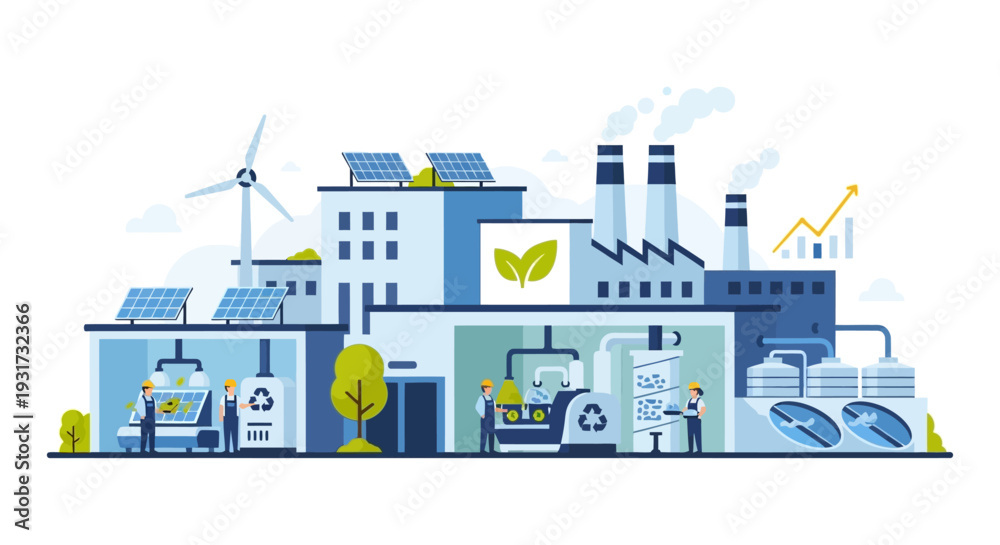 Fototapeta premium Sustainable Factory with Green Energy, Solar Panels, Wind Turbine, and Recycling. Eco-Friendly Industrial Production & Climate Action.