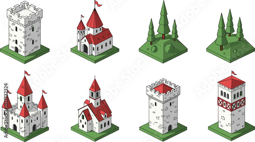 Isometric medieval fantasy buildings and terrain tiles with castles, towers, churches, battlements, red roofs, coniferous forest, stylized architecture, game design assets