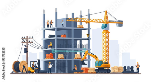 Busy Urban Construction Site with Workers, Crane, Excavator, and Building Project - Flat Vector Illustration
