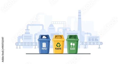 Recycling Bins for Paper, Plastic, and Glass. Waste Sorting and Sustainable Management with Industrial Recycling Plant Background. Eco-Friendly Concept.