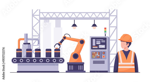 Industrial Automation: Robotic Arm on Assembly Line, Engineer Supervising Smart Manufacturing Process