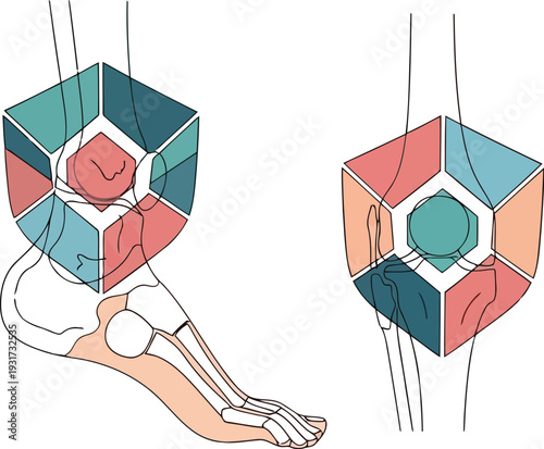 Vector illustration of ankle joint anatomy with geometric overlay for medical and educational use
