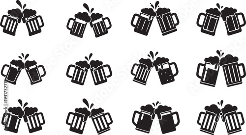 Black beer mugs with foam clinking together