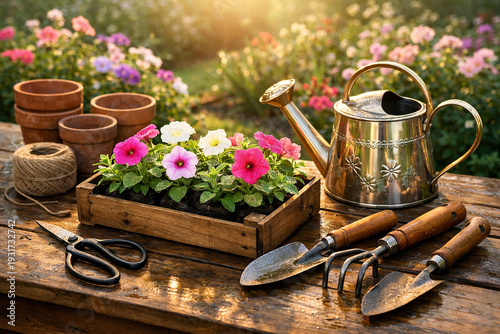 Traditional Gardening Equipment and Flowers for Summer Landscaping