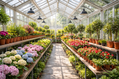 Sunlit Interior of a Modern Glass Greenhouse with Blooming Flowers