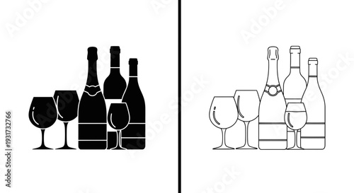 A collection of elegant wine and champagne bottles with accompanying glasses for a celebration.