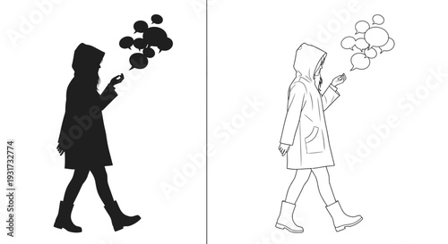 A hooded figure walking confidently while engaged in a conversation depicted by floating speech bubbles.