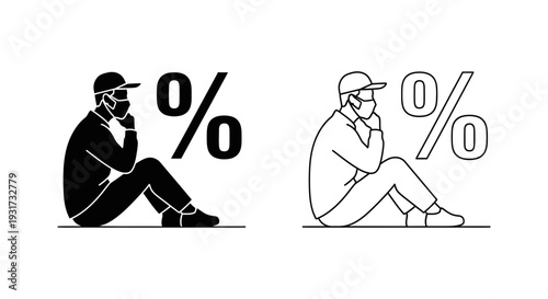 A contemplative man wearing a cap and mask, sitting next to a prominent percentage symbol.