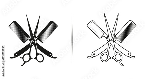 Classic barber tools, including a comb, scissors, and straight razor, crossed in an iconic emblem.
