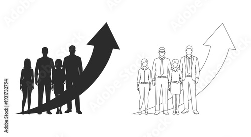 A family group consisting of adults and children standing beside a large upward trending arrow.