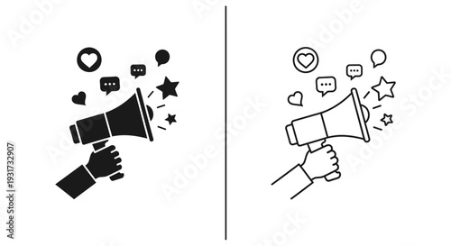 A hand holds a megaphone surrounded by social media engagement icons like hearts, stars, and chat bubbles.