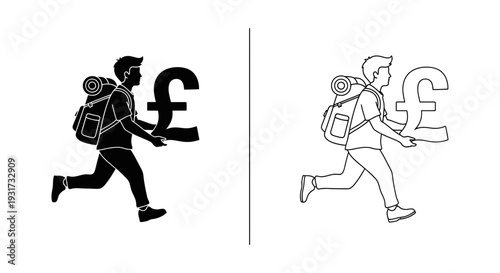 A backpacker is eagerly running away with a large British Pound Sterling currency symbol.