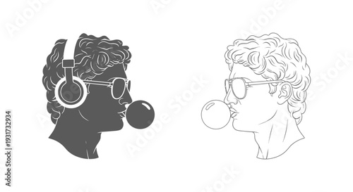A classical bust of a man wears modern headphones and sunglasses while blowing a bubblegum bubble.