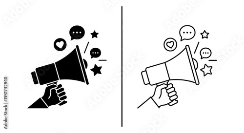 A hand holds a megaphone, broadcasting an important message surrounded by social media engagement.