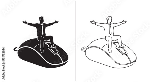 A content businessman with arms raised high, triumphantly rides on top of a giant computer mouse.