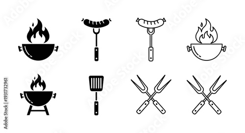 A comprehensive collection of barbecue tools and equipment including grills, tongs, a spatula, and forks.