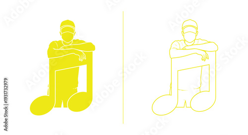 A stylized person leans casually on a large musical note, representing relaxation or connection with music.