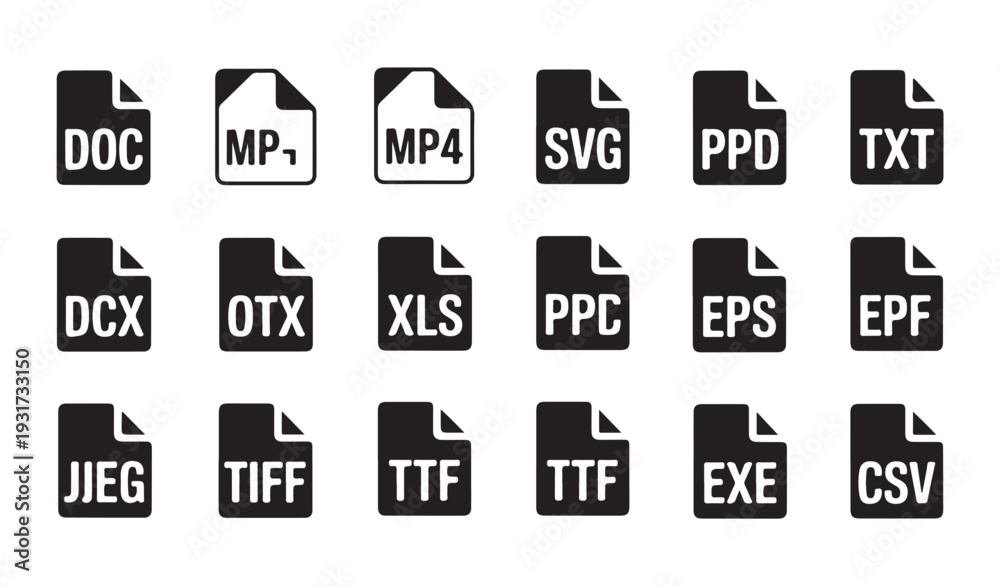 Αυτοκόλλητο Bold silhouette file type icons for professional digital workflow including tiff