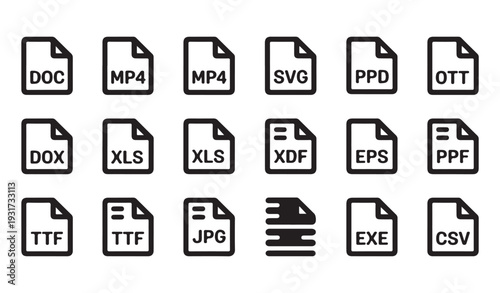Outline document file extension symbols featuring common formats like exe csv and ttf vector