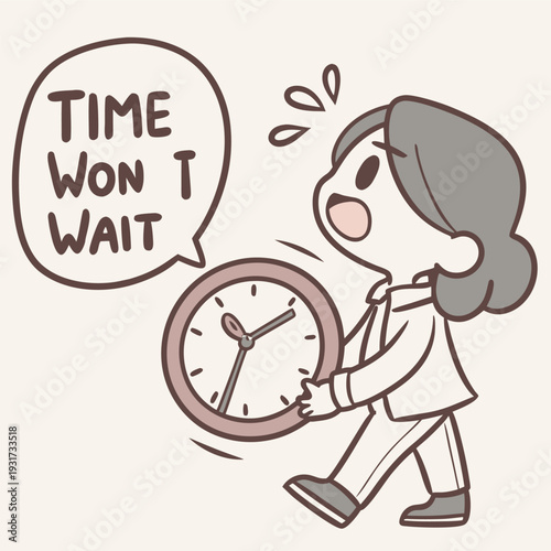 a character trying to hold melting clock sand flowing through their fingers, surreal conceptual illustration, soft neutral background, include text ‘TIME WON’T WAIT’