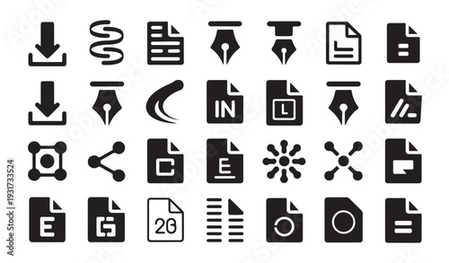 Document management icon set containing various file types download and upload vector symbols